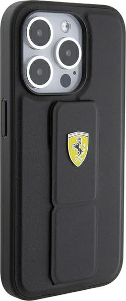 Mbështjellës Ferrari Grip Stand Metal Logo për iPhone 15 Pro Max, i zi