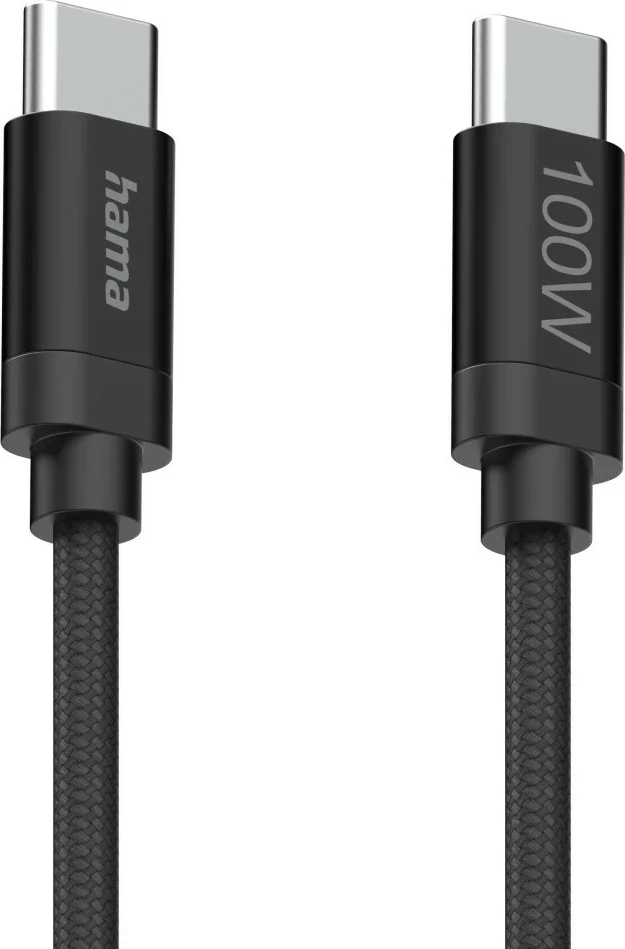 Kabëll USB-C në USB-C Hama, 1.5m, 100W, najlon, zi