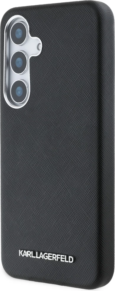 Mbështjellës Karl Lagerfeld Saffiano Full Wrapped Elongated Metal Logo MagSafe për Samsung Galaxy S25+, i zi