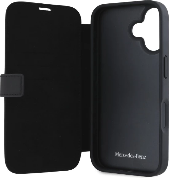 Mbështjellës Mercedes për iPhone 16, imitacion lëkure dhe druri, i zi