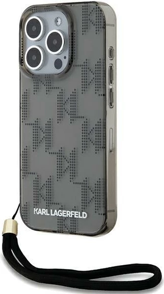 Mbështjellës Karl Lagerfeld IML Mono KL Pattern & Cord për iPhone 15 Pro Max, i zi