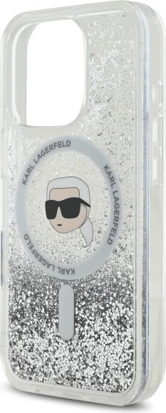 Mbështjellës Karl Lagerfeld Liquid Glitter Karl Head MagSafe për iPhone 16 Pro, Transparent