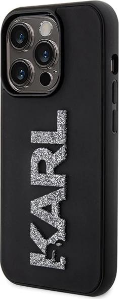 Mbështjellës Karl Lagerfeld 3D Rubber Glitter Logo për iPhone 15 Pro, i zi