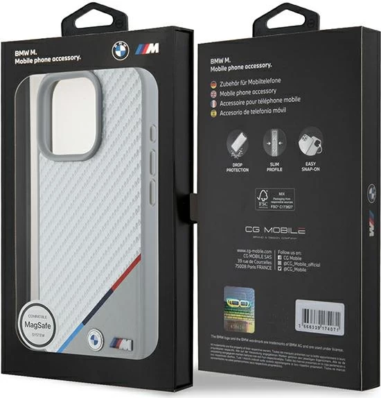 Mbështjellës BMW M Carbon Tricolor Line MagSafe për iPhone 16 Pro, Gri