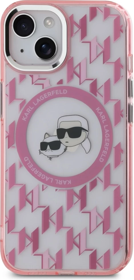 Mbështjellës Karl Lagerfeld IML Monogram Karl & Choupette Head MagSafe për iPhone 15 Plus, Rozë