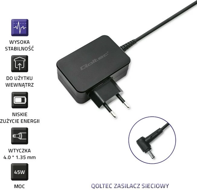 Karikues laptopi Qoltec 52391 për Asus, 45W, 19V, 2.37A, 4.0x1.35 mm, i zi