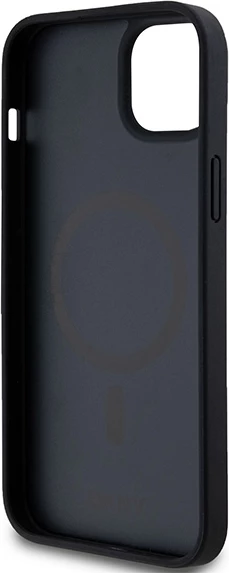 Mbështjellës DKNY Leather Monogram Pattern Metal Logo MagSafe për iPhone 15 Plus / 14 Plus, i zi