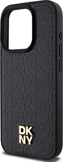 Mbështjellës DKNY Leather Monogram Pattern Metal Logo MagSafe për iPhone 15 Pro, e zezë