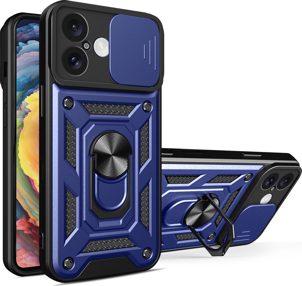 Mbështjellës Hurtel Hybrid Armor Camshield për iPhone 16 Plus, me mbulesë kamere dhe stand, Kaltër