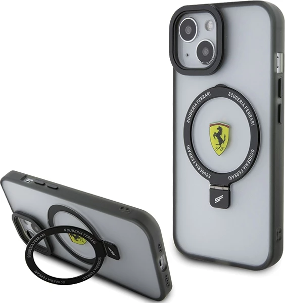 Mbështjellës Ferrari FEHMP15SUSCAK për iPhone 15 6.1", Ring Stand, MagSafe, zi