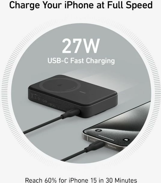 Power bank ANKER MagGo 633 (A1654G11) 10000mAh, Qi2 15W wireless, USB-C, me ekran, me mbajtëse, e zezë, set me kabllo USB-C në USB-C 0.6m