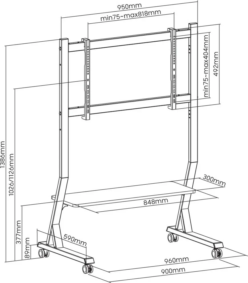 Qëndrim mobil për TV Techly 366983, për ekrane 45-90 inç, 60kg, me rafte, i zi