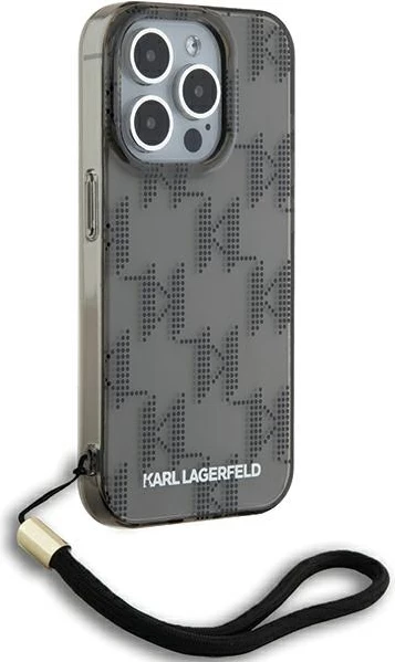 Mbështjellës Karl Lagerfeld IML Mono KL Pattern & Cord për iPhone 15 Pro, i zi