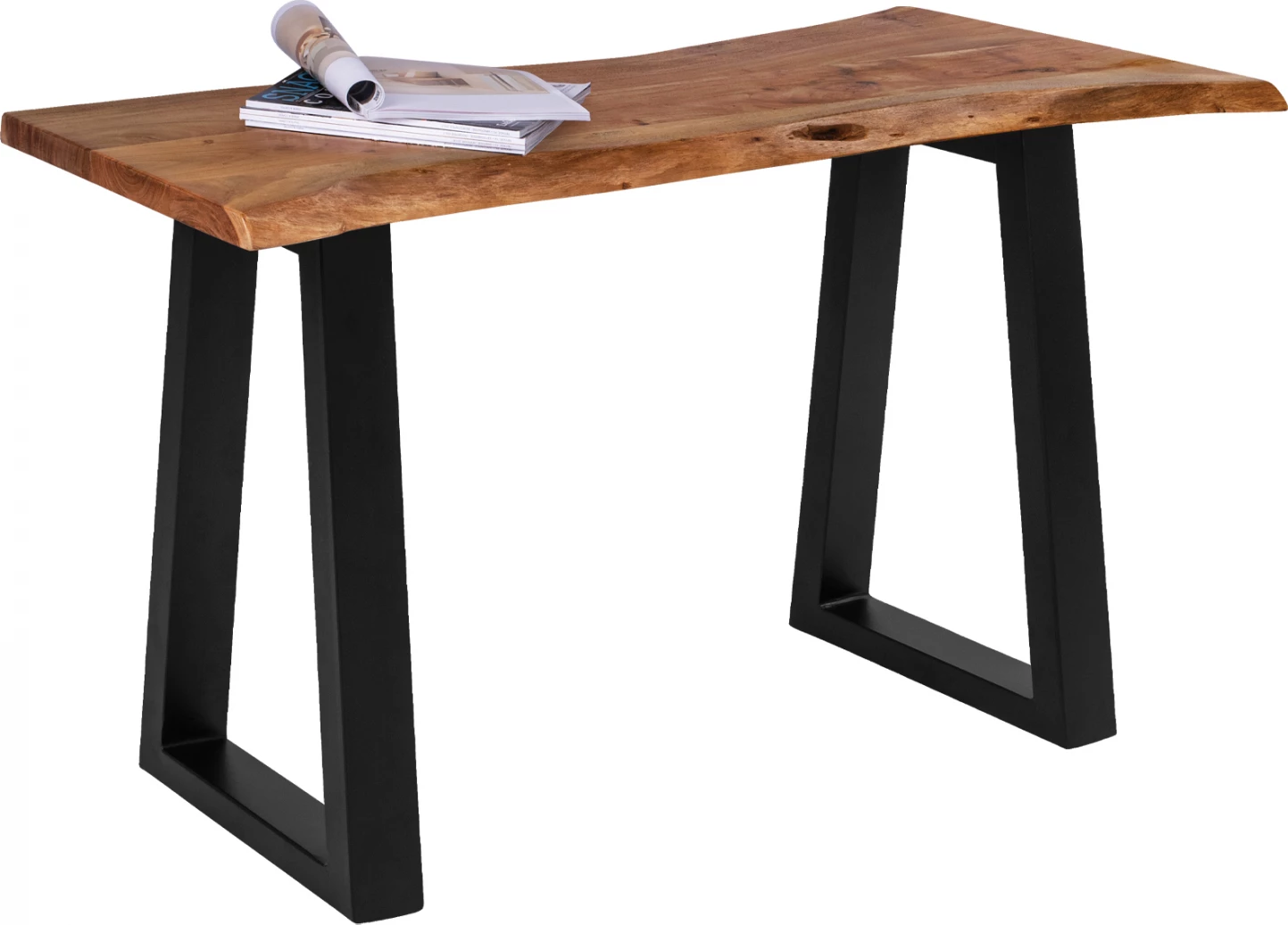 Konsol tavoline Montana, dru akacie i fortë, ngjyrë natyrale, këmbë metalike të zeza, 130x45