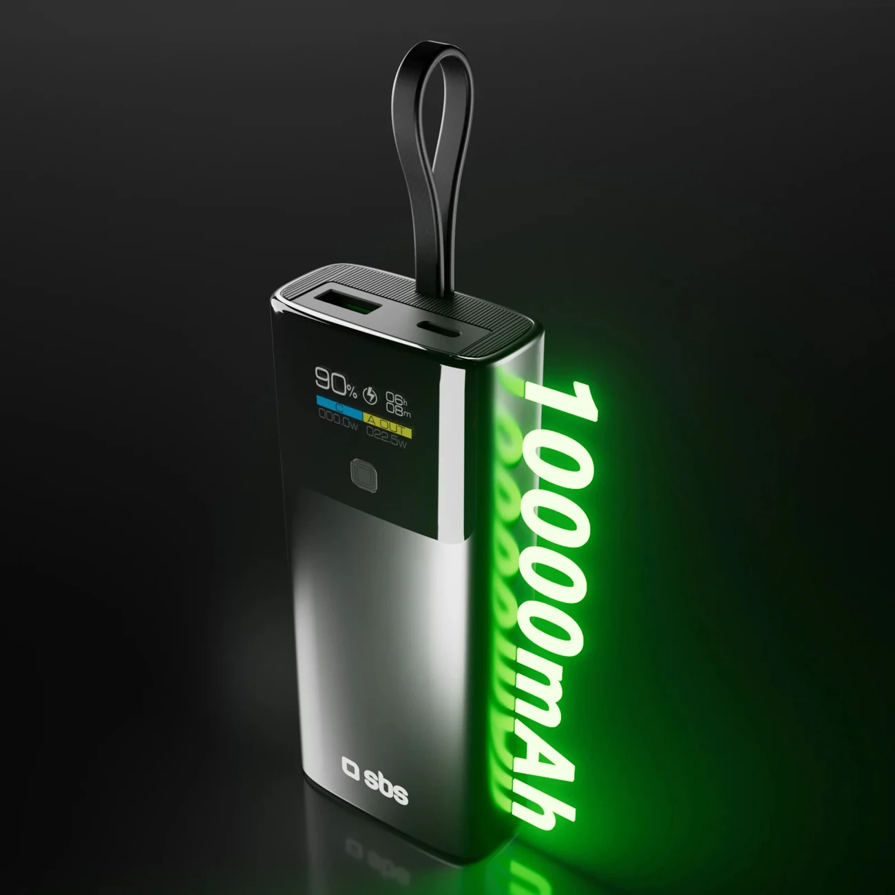Powerbank SBS 10000mAh me LCD, PD 20W, USB-C kabllo e integrume, Gri