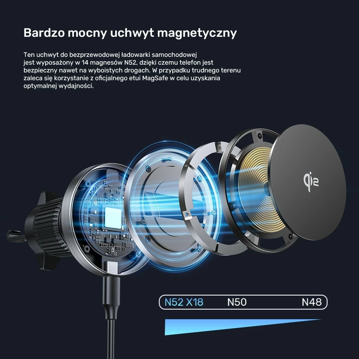 Mbajtës veture Unitek 38W Qi2, karikues wireless, USB Type C, i zi