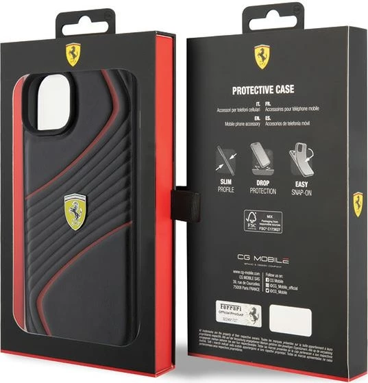 Mbështjellës Ferrari Twist Metal Logo për iPhone 15 Plus, e zezë
