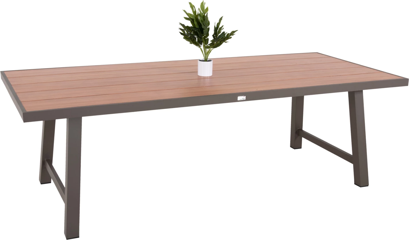 Tavolinë alumini për jashtë, GOBAR FH6060.04, ngjyrë shampanjë me sipërfaqe tavoline si dru, 240x105x75 cm