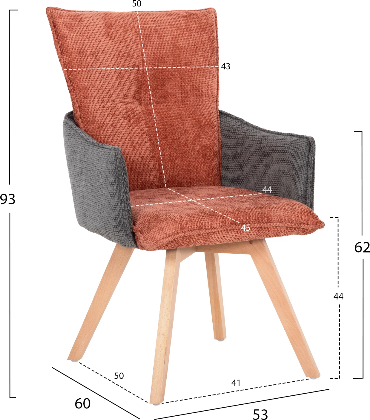 Karrige ngrënieje me krahë REX FH9847.06, ngjyrë e kuqe tullë-gri, këmbë druri ahu, 53x60x93H cm., set prej 2 copë