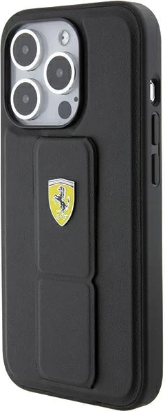 Mbështjellës Ferrari Grip Stand Metal Logo për iPhone 15 Pro Max, i zi