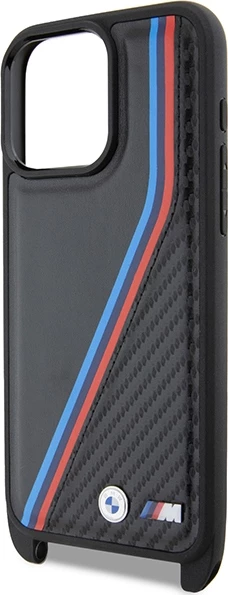 Mbështjellës BMW M Edition Carbon Tricolor Lines & Strap për iPhone 15 Pro Max, i zi