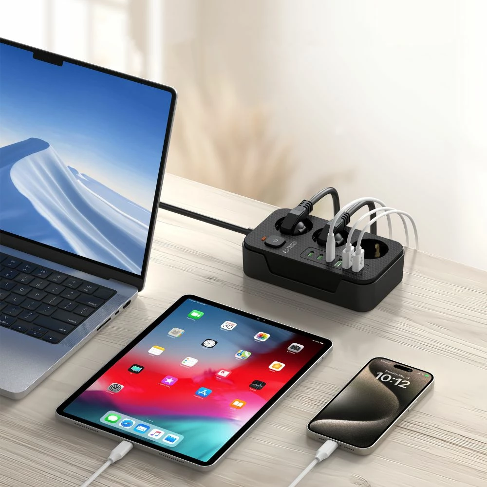 Prizë shumëfunksionale Tech-Protect PC3X6 me 3 shtekerë, 3xUSB-A, 3xUSB-C, 200cm, e zezë