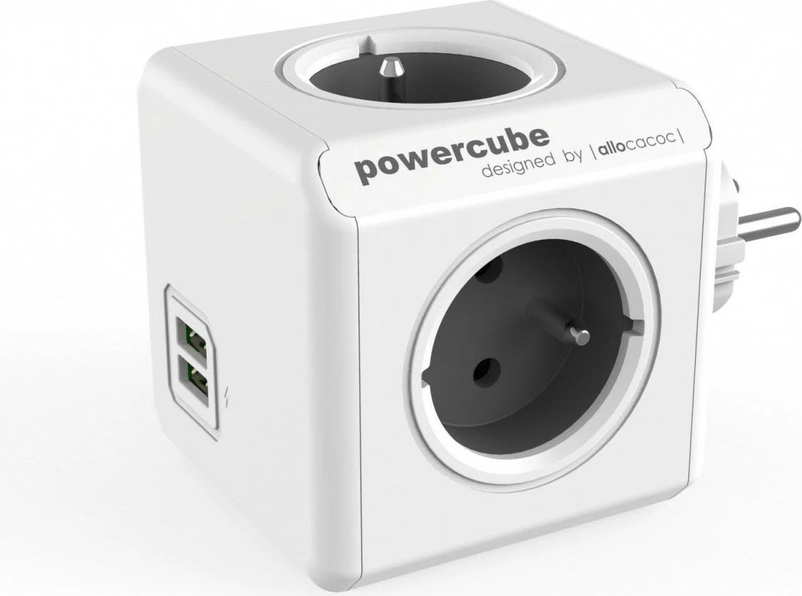 Prizë shumëfishe Allocacoc PowerCube Original USB 2202GY, 4 dalje, 2xUSB, Gri/Bardhë