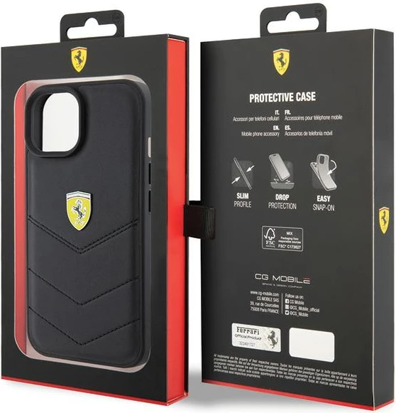 Mbështjellës Ferrari Quilted Metal Logo për iPhone 15, eko-lëkurë, i zi