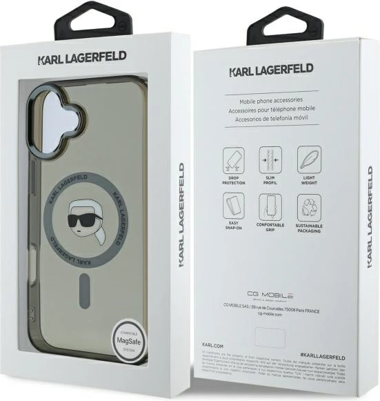 Mbështjellës Karl Lagerfeld IML Metal Karl Head MagSafe për iPhone 16 Plus, Zi