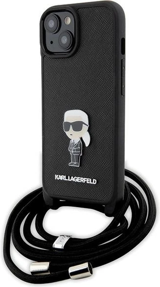 Mbështjellës Karl Lagerfeld Crossbody Saffiano Monogram Metal Pin Karl & Choupette për iPhone 15, i zi