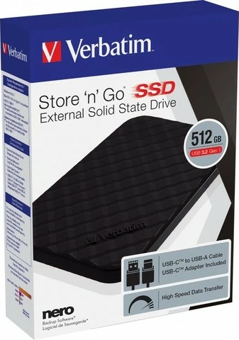 Disk i jashtëm SSD, Verbatim Store 'n' Go 53250, 512GB, 2.5'', USB-C 3.2, zi