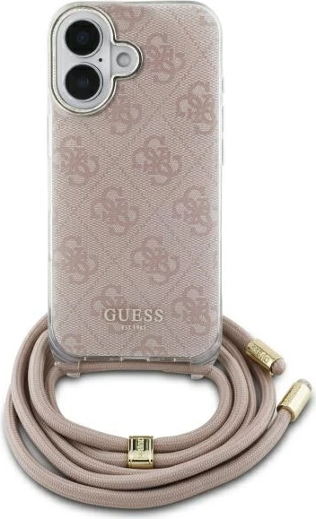 Mbështjellës Guess Crossbody Cord 4G Print për iPhone 16, Rozë