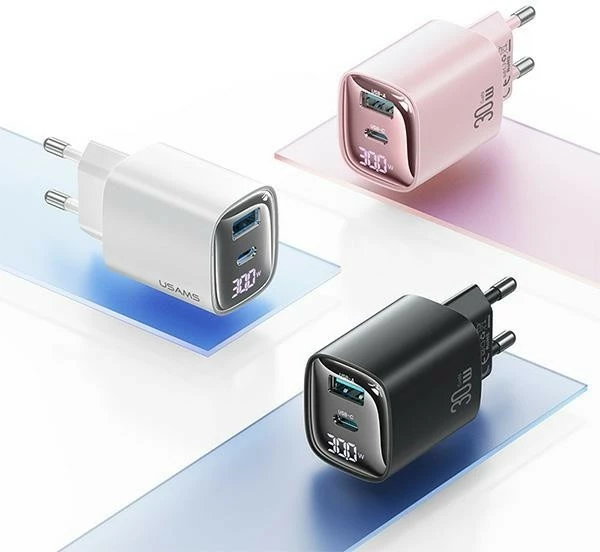 Karikues muri USAMS CC229, 30W, GaN, 1x USB + 1x USB-C, Ekran dixhital, i zi
