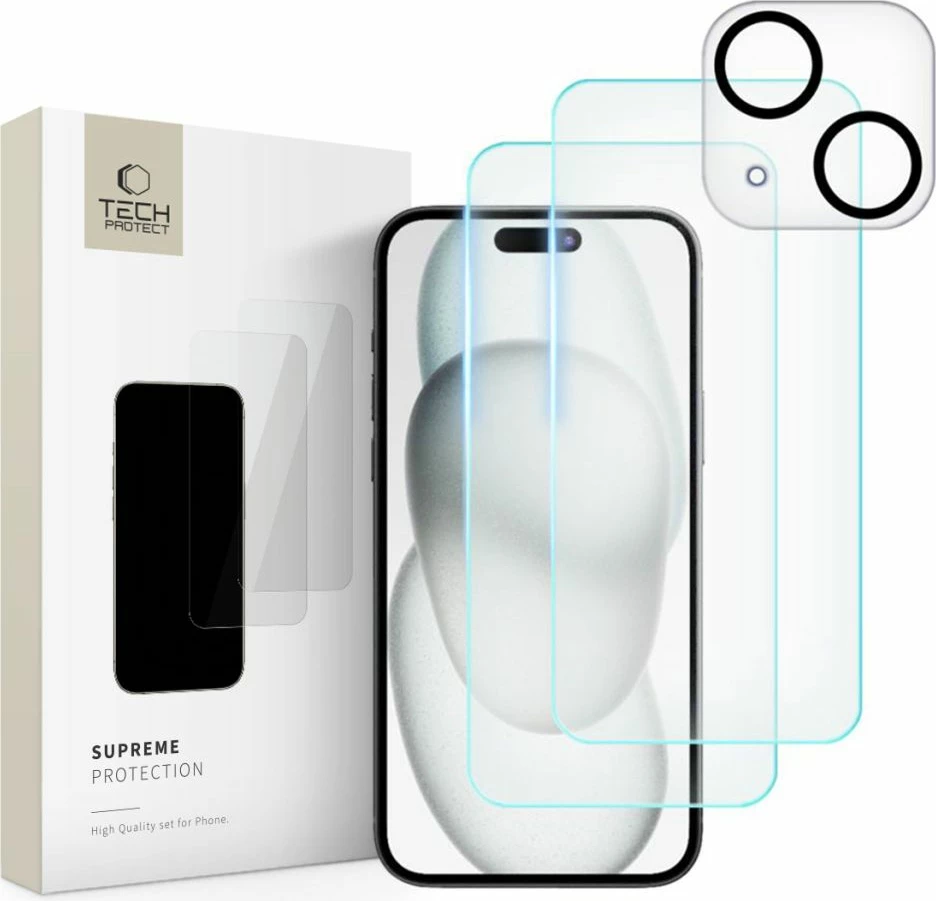 Set mbrojtës Tech-Protect Supreme për iPhone 15, 2x xham i temperuar për ekran / xham i temperuar për kamerë