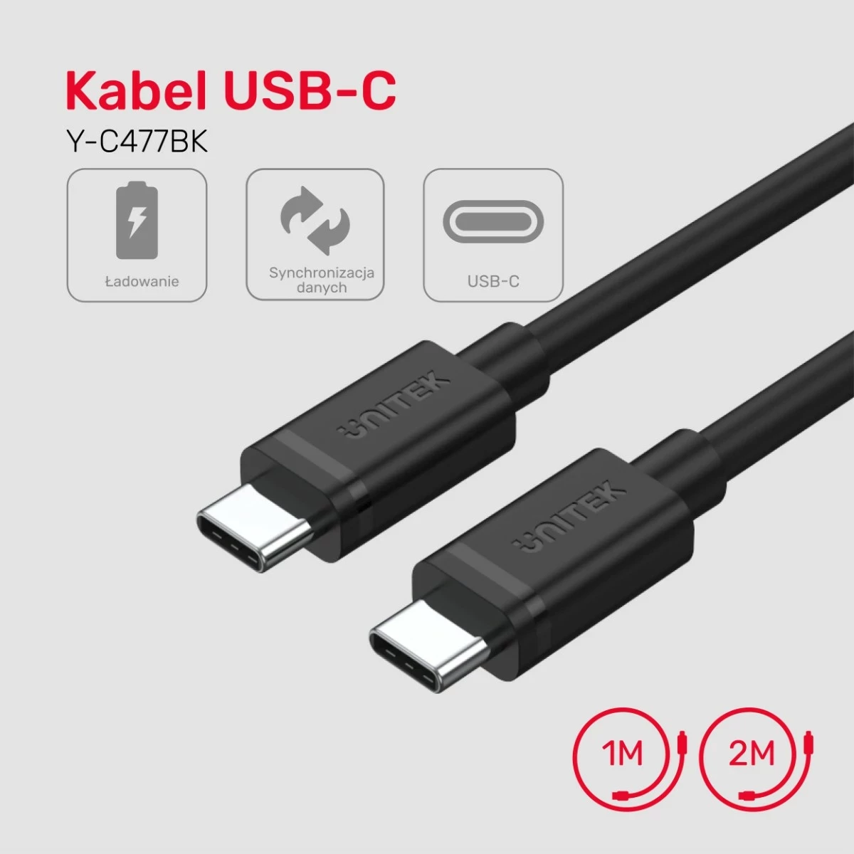 Kabllo Unitek USB-C në USB-C, 2m, e zezë