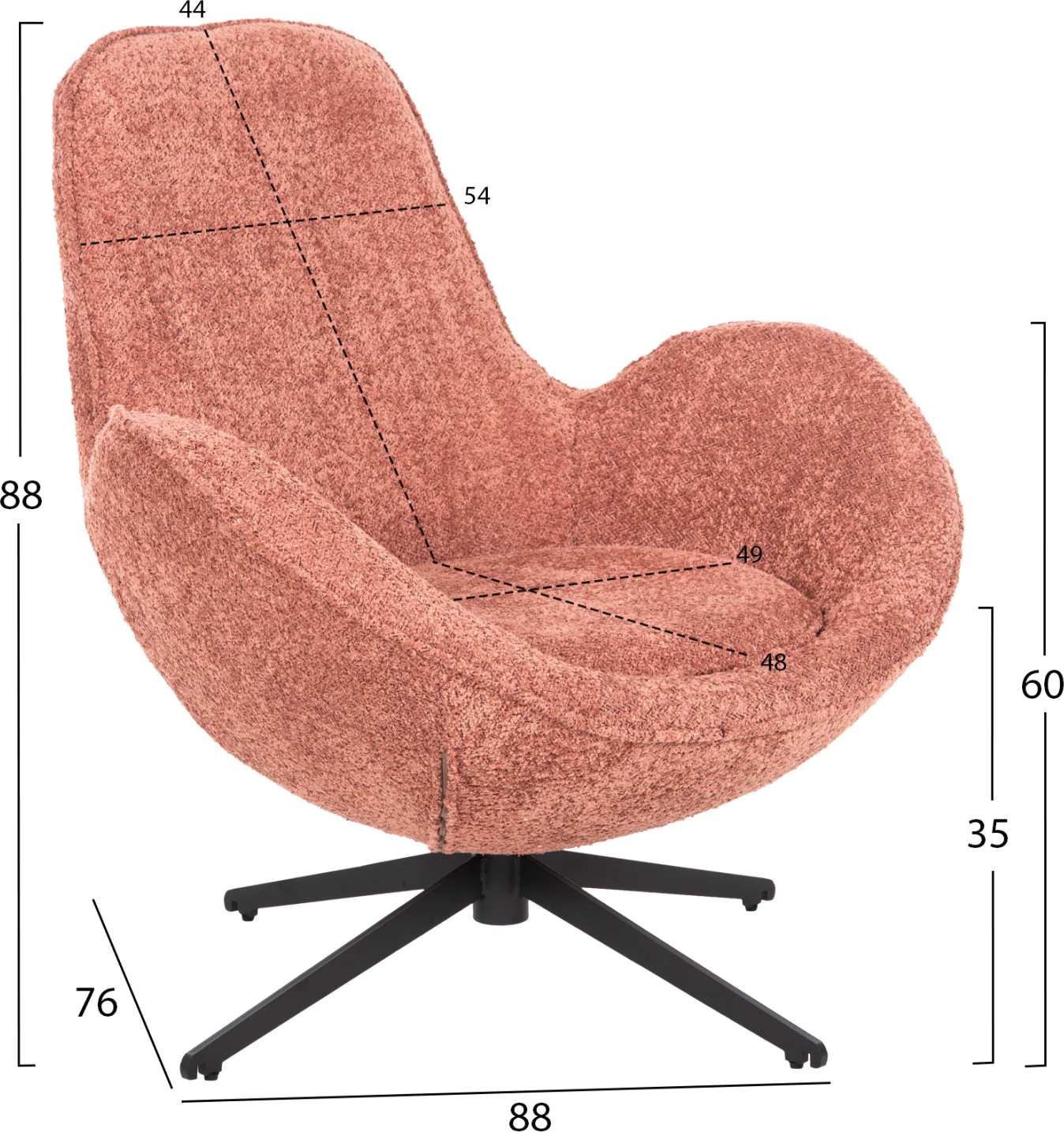 Karrige rrotulluese BRYNN, pëlhurë boucle rozë, bazë metalike e zezë, 88x76x88H cm
