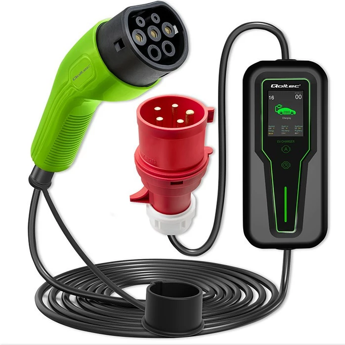 Karikues portabil për vetura elektrike Qoltec 52467, Type 2, 11kW, 3 faza, LCD, 5m, zi/gjelbër