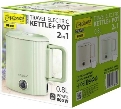 Ibrik elektrik / tenxhere kampingu 2-në-1 Feel-Maestro MR-009 0.8L 600W, tension 110/230V, dorezë palosëse, çelik inox brenda, Mint