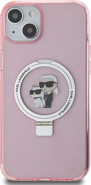 Mbështjellës Karl Lagerfeld Ring Stand Karl&Choupette MagSafe për iPhone 15 Plus, rozë