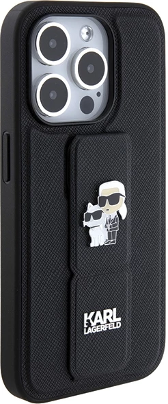 Mbështjellës Karl Lagerfeld Gripstand Saffiano Karl&Choupette Pins për iPhone 13 Pro/13, i zi