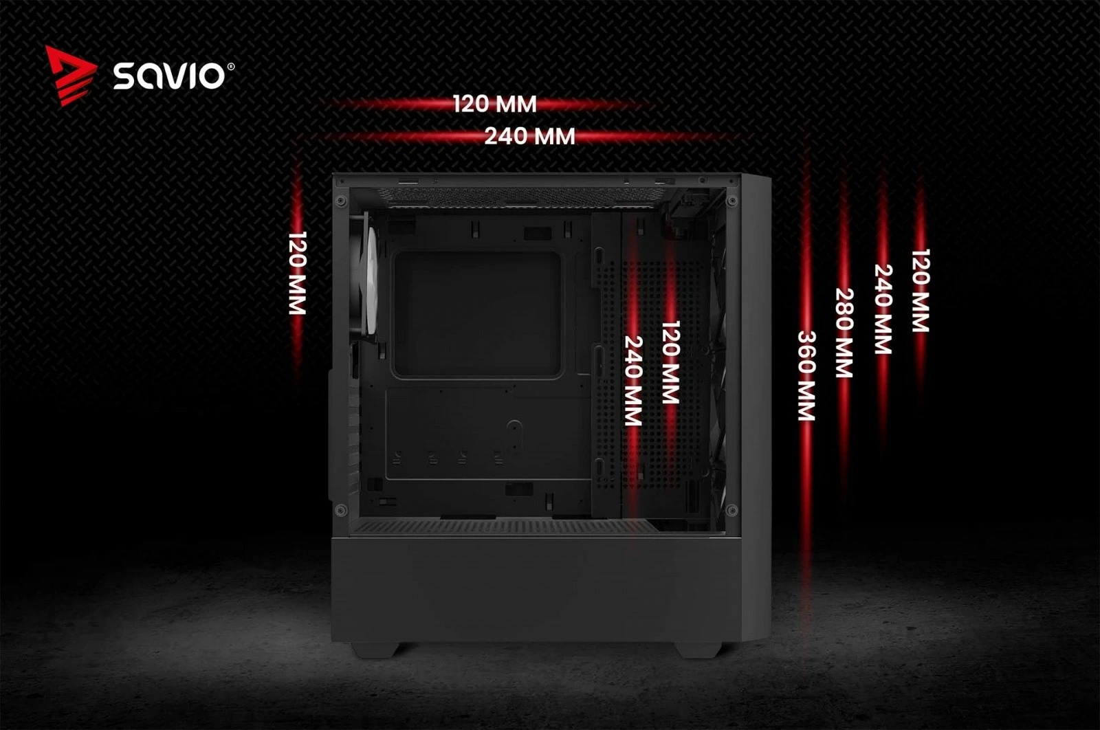 Kasë, Savio NOCTIS FLOW X1, Midi Tower ATX, 4x120 mm PWM, xham i temperuar, rrjetë frontale, e zezë