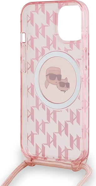 Mbështjellës Karl Lagerfeld IML Crossbody Monogram Karl & Choupette Head MagSafe për iPhone 15/14/13, rozë