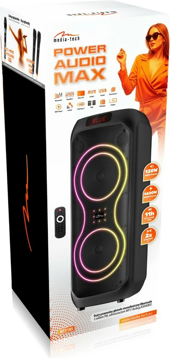 Altoparlant Bluetooth Media-Tech POWER AUDIO MAX MT3185, 120W RMS, Bluetooth 5.3, TWS, MP3 MicroSD/USB, AUX, FM, Karaoke, USB-C, i zi