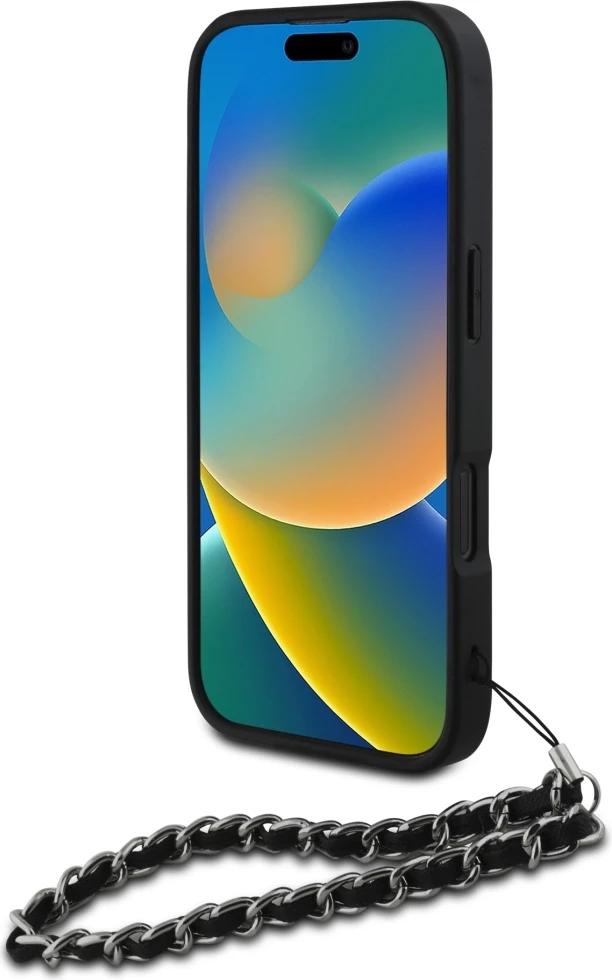 Mbështjellës Karl Lagerfeld Saffiano Crystals me zinxhir, për iPhone 16 Pro, i zi