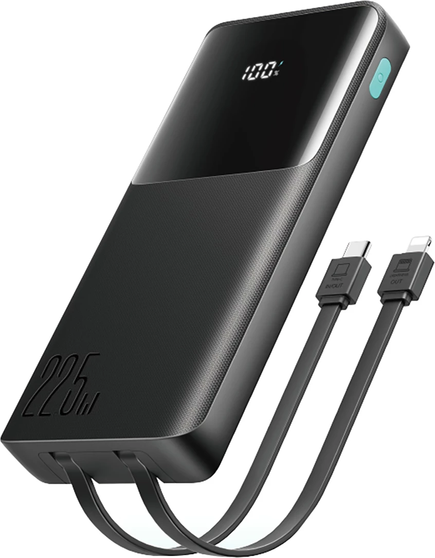Powerbank Joyroom JR-PBF19 10000mAh 22.5W me dy kabllo të integruara USB-C dhe Lightning, e zezë
