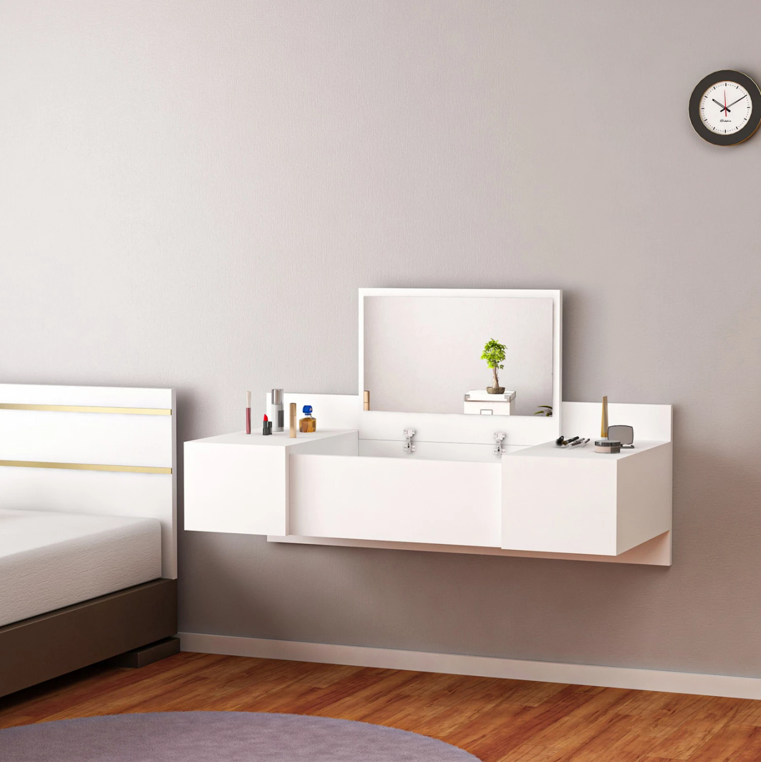 Tavolinë për grim e varur në mur, e bardhë