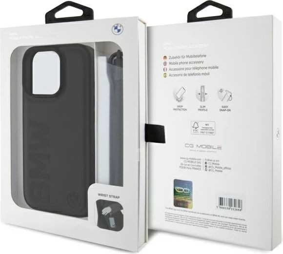 Mbështjellës BMW Signature Leather Wordmark Cord për iPhone 16 Pro Max, Lëkurë, Zi