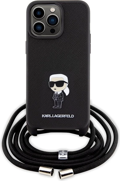 Mbështjellës Karl Lagerfeld Crossbody Saffiano Monogram Metal Pin Karl & Choupette për iPhone 15 Pro Max, i zi