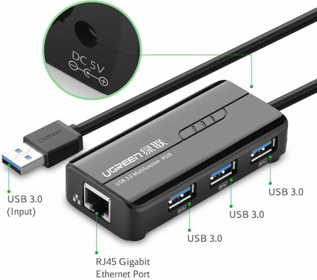 hub USB 3.0 UGREEN 20265 me 3x USB-A + RJ45 Gigabit Ethernet, e zezë, në kuti