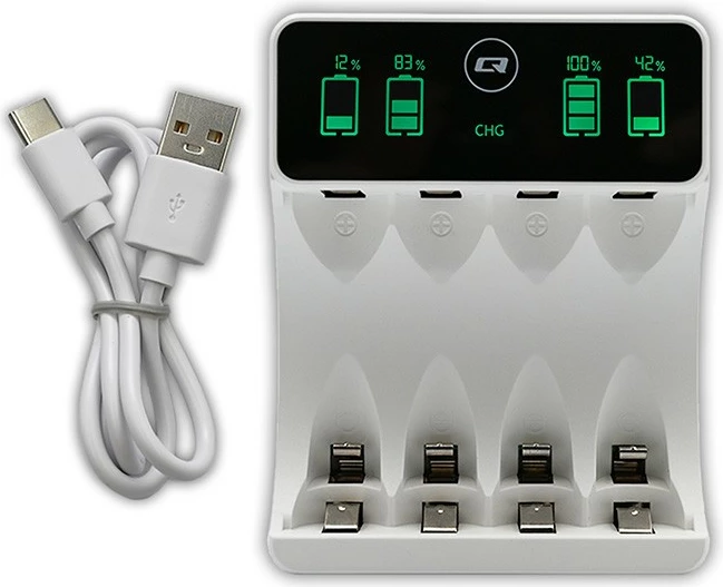 Karikues baterish Qoltec 50848 Ni-MH/NI-Cd AA/AAA me LCD 4 vende USB-C kabllo, i bardhë